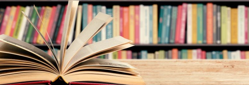Lesen - Aufgeschlagenes Buch vor einem Bücherregal