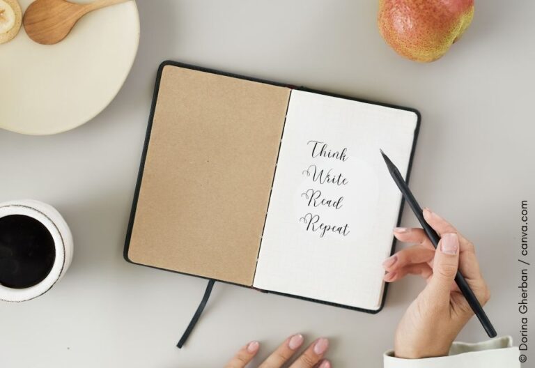 Schreiben für die Seele Journaling Tagebuch Notizbuch mit schreibender Hand und Kaffee