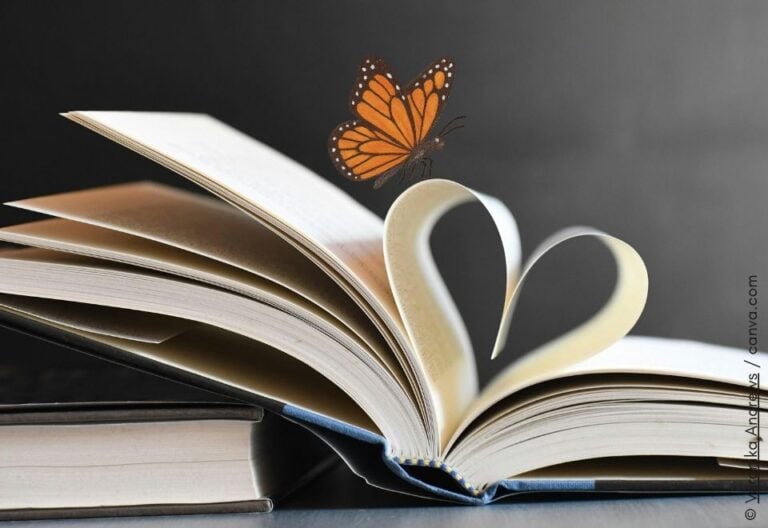 Biografie Geschichten, die wir uns erzählen Aufgeschlagenes Buch mit Herz und Schmetterling
